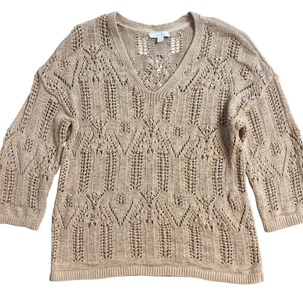 Pure Jill Elements Beige Crochet Knit V Neck Sweater 3/4 Sleeve Women's Size S